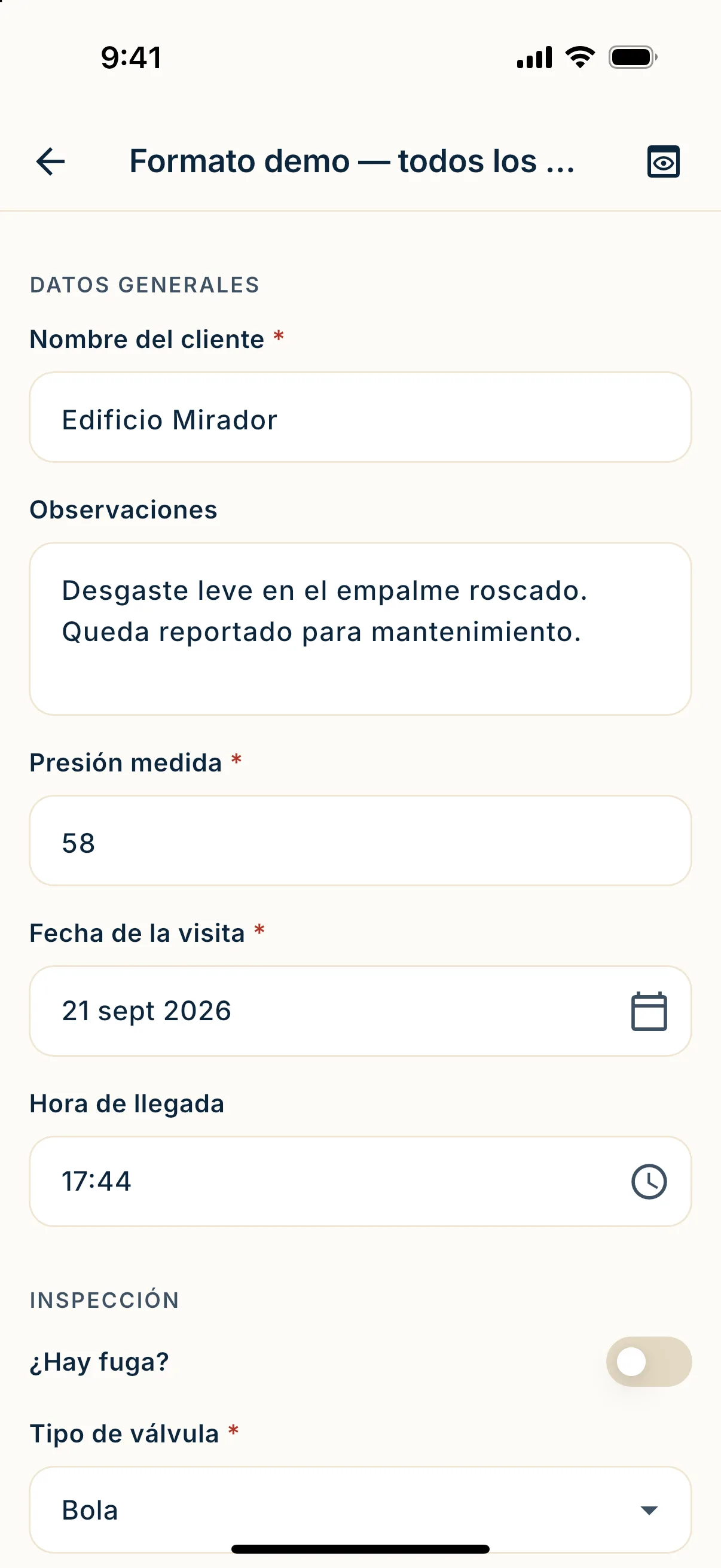 Inspection form on the Kamplix mobile app
