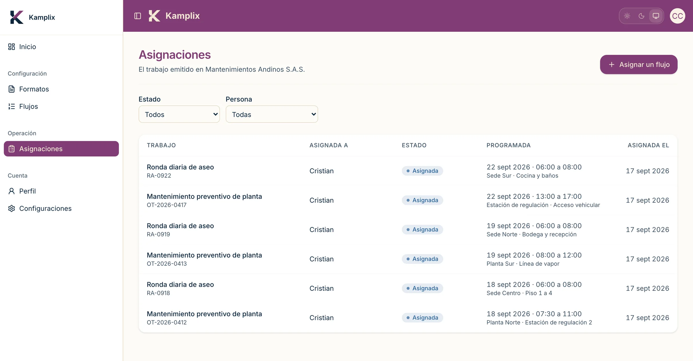 Kamplix assignment list with technician, form and status
