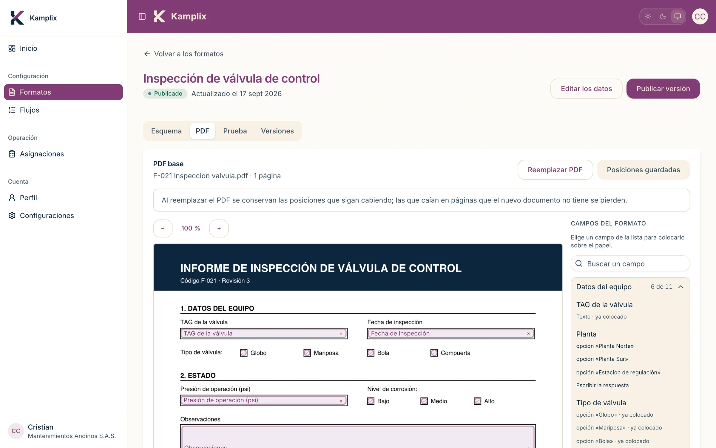 Kamplix form builder showing the sections and fields of an inspection